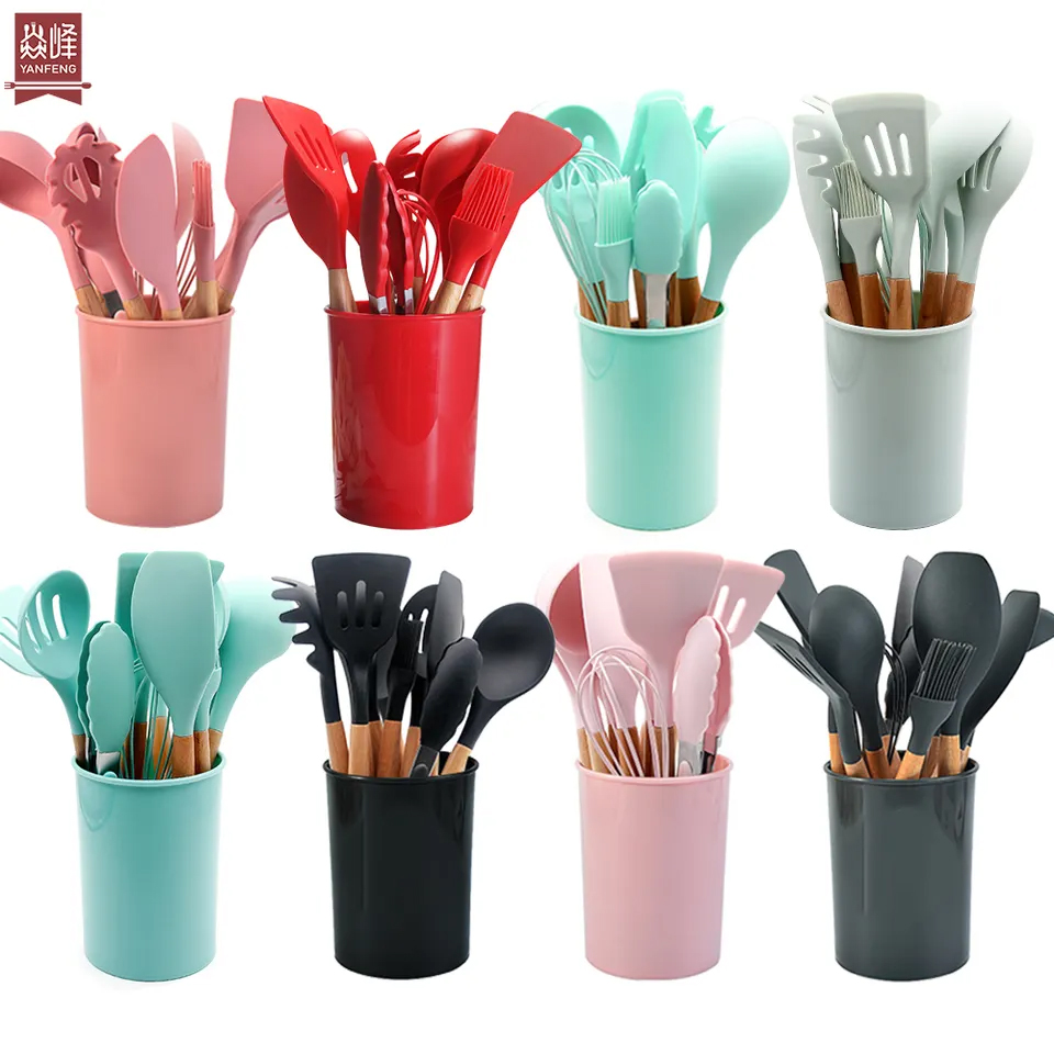 2023 SUPER SEPTEMBER PRIVATE LABEL WHOLESALE WOOD KITCHEN ACCESSORIES SILICONE UTENSILS COOKING SET