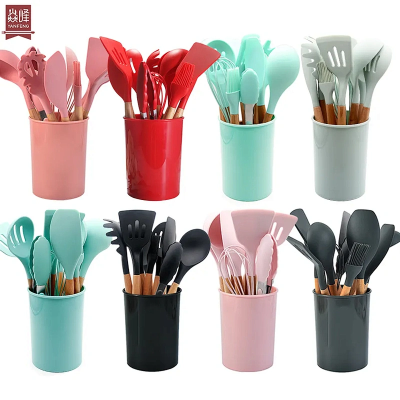 2023 SUPER SEPTEMBER PRIVATE LABEL WHOLESALE WOOD KITCHEN ACCESSORIES SILICONE UTENSILS COOKING SET
